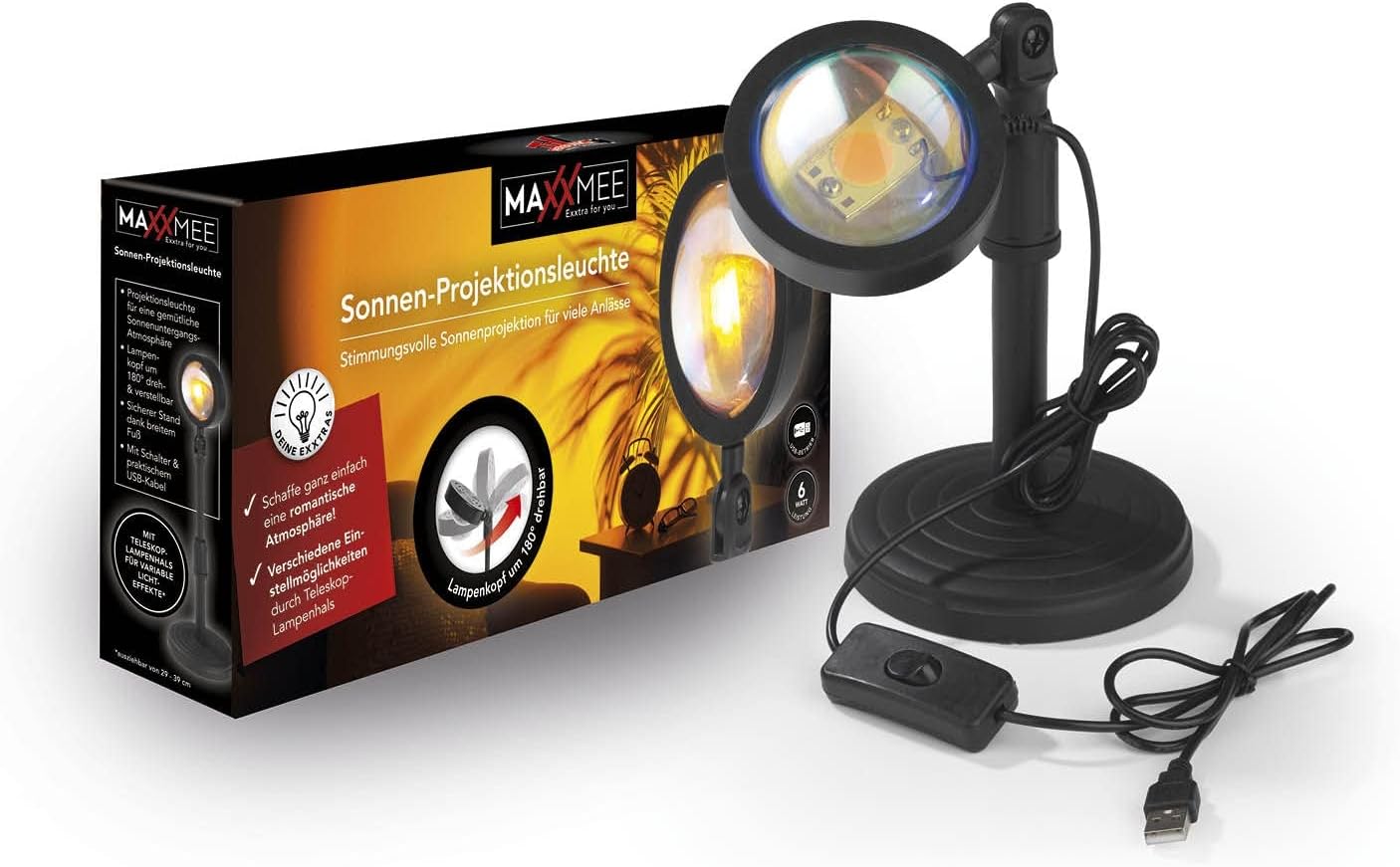 MAXXMEE LED-Sunset-Lampe | Projektionsleuchte mit Sonnenuntergangs-Atmosphäre | Stimmungsvolle Raumdekoration mit warmem Licht | Lampenkopf um 180° dreh- und verstellbar [schwarz] — Ansicht 6