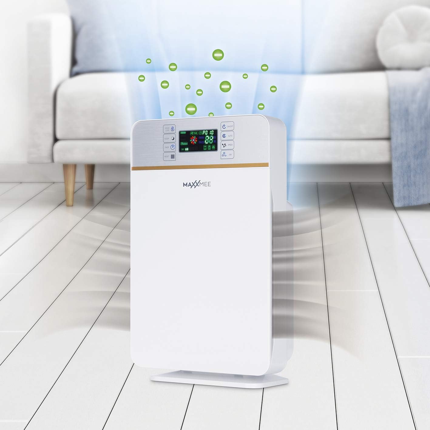 MAXXMEE Luftreiniger Digital | Filtert Allergene, Pollen, Rauch u. v. m. effizient Ionisiert die Raumluft | Mit 3 Ventilationsstufen und integriertem Schlafmodus | 50W [weiß/silber] — Ansicht 2