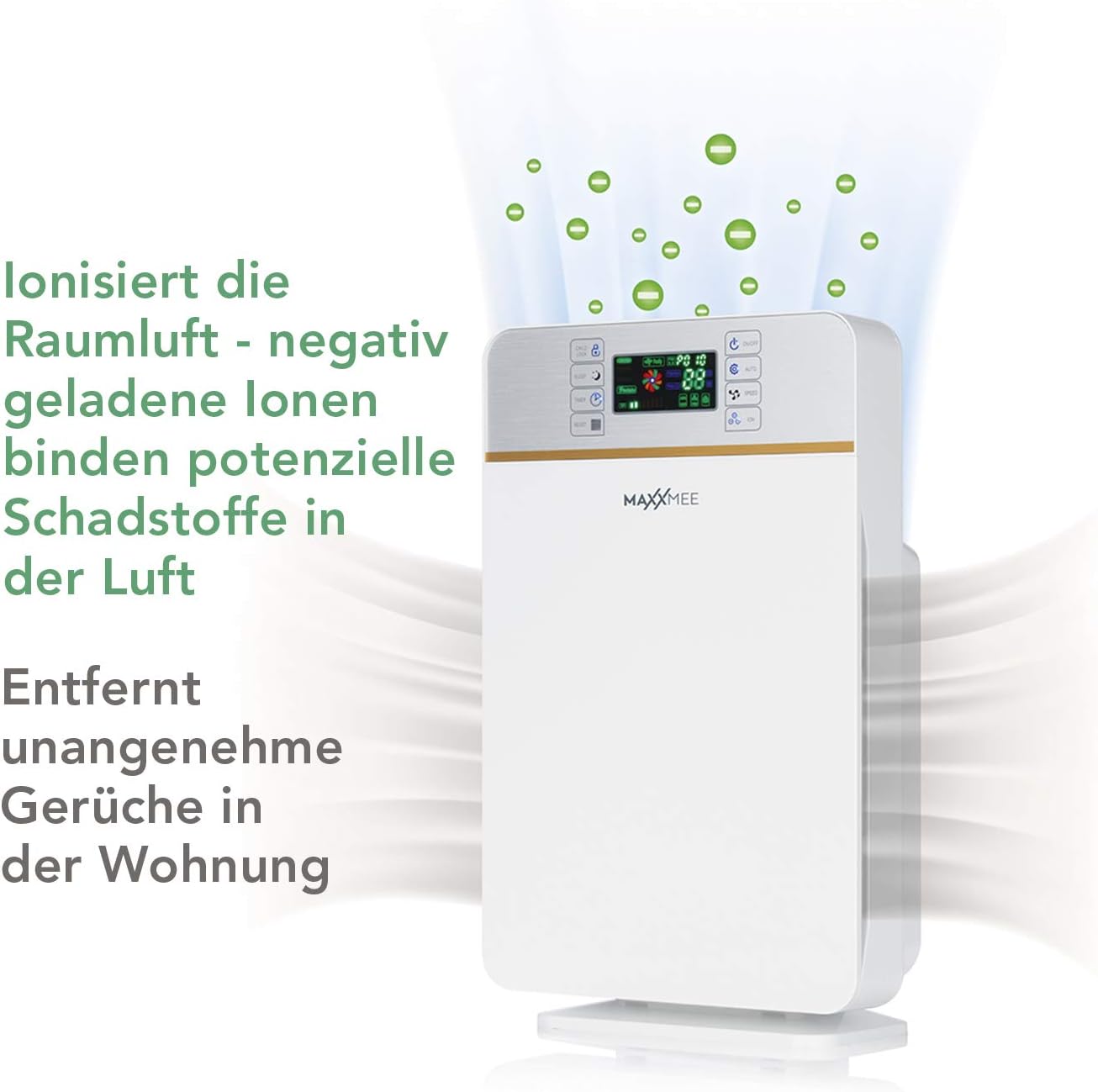 MAXXMEE Luftreiniger Digital | Filtert Allergene, Pollen, Rauch u. v. m. effizient Ionisiert die Raumluft | Mit 3 Ventilationsstufen und integriertem Schlafmodus | 50W [weiß/silber] — Ansicht 4