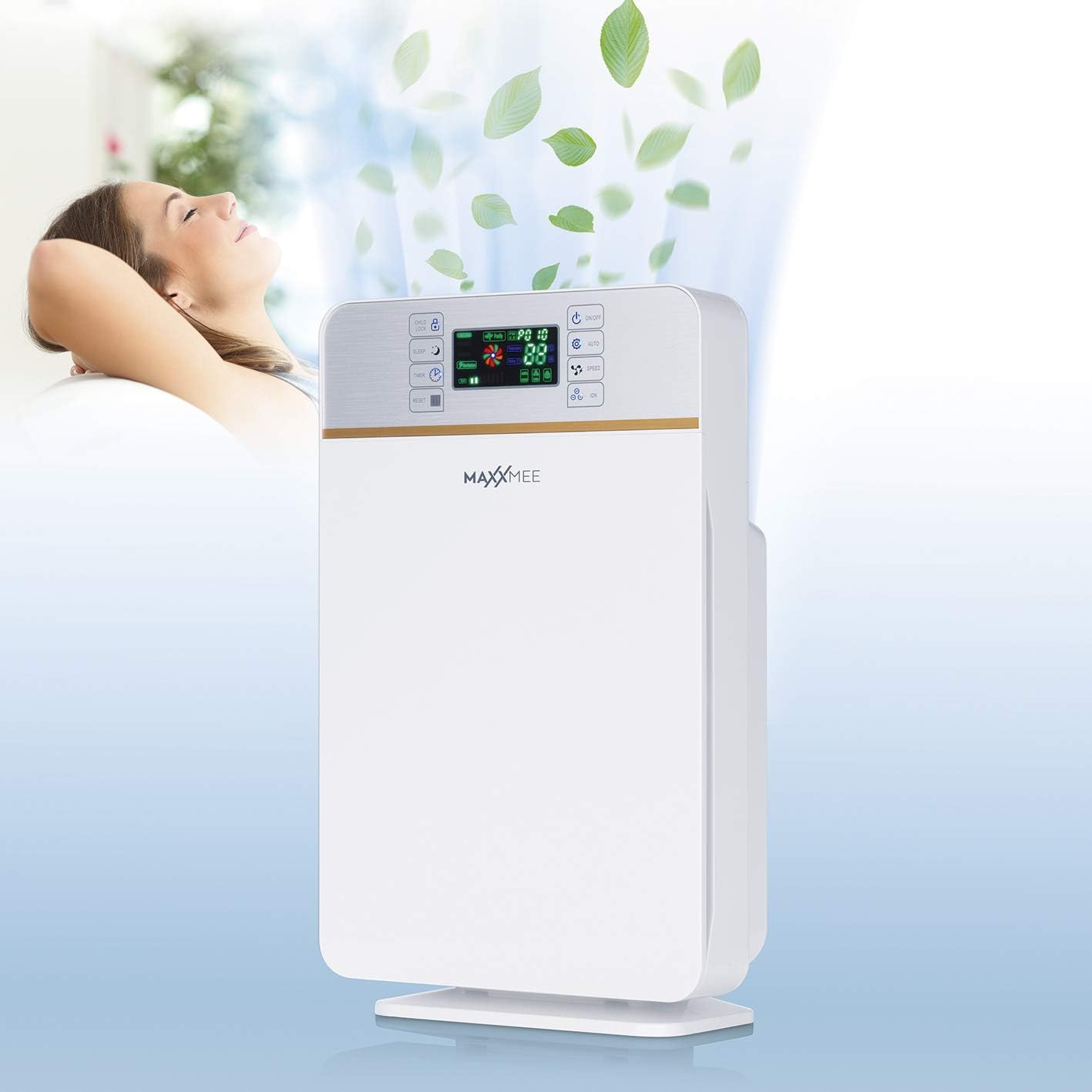 MAXXMEE Luftreiniger Digital | Filtert Allergene, Pollen, Rauch u. v. m. effizient Ionisiert die Raumluft | Mit 3 Ventilationsstufen und integriertem Schlafmodus | 50W [weiß/silber] — Ansicht 5