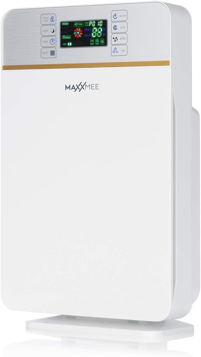 MAXXMEE Luftreiniger Digital | Filtert Allergene, Pollen, Rauch u. v. m. effizient Ionisiert die Raumluft | Mit 3 Ventilationsstufen und integriertem Schlafmodus | 50W [weiß/silber]