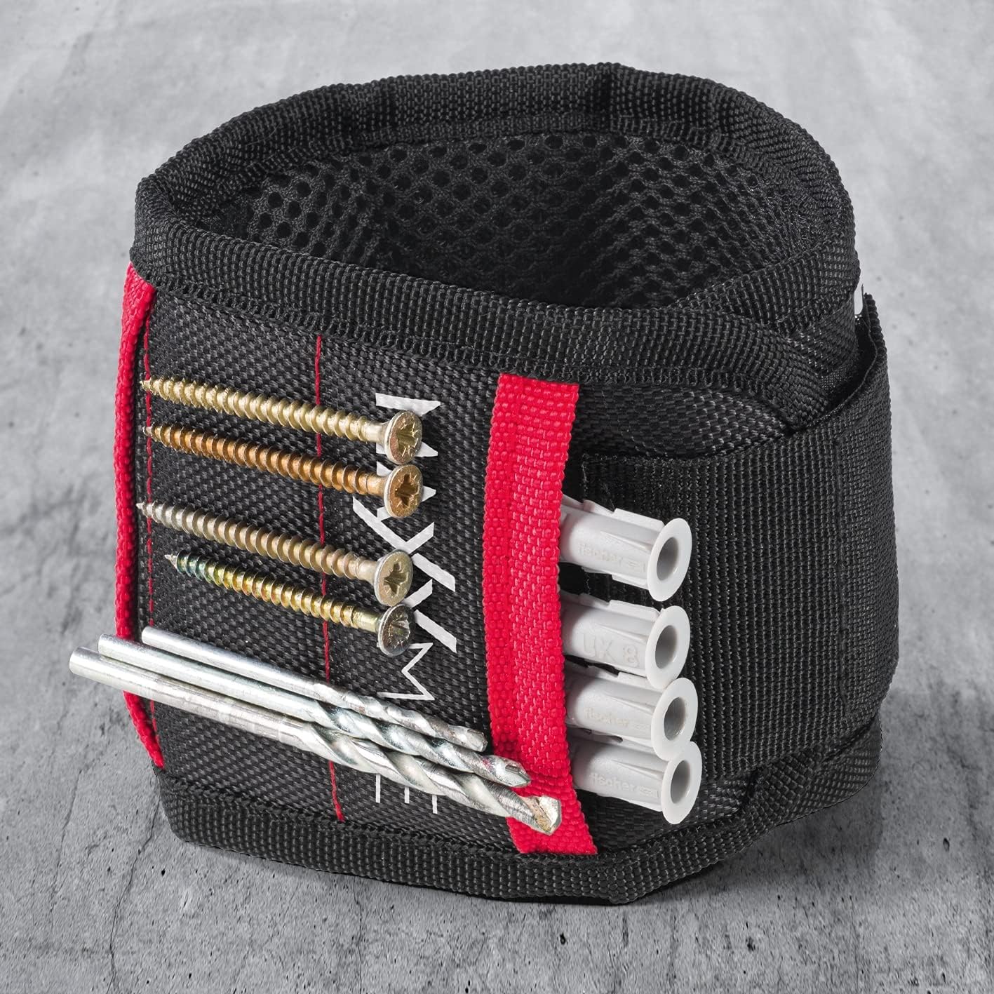 MAXXMEE Magnetarmband | 15 Starke Magnete zur Aufbewahrung von Handwerker-Utensilien | Per Klettverschluss an nahezu jedes Handgelenk anpassbar | ca. 40 x 9,2 x 0,2 cm [rot schwarz] — Ansicht 2