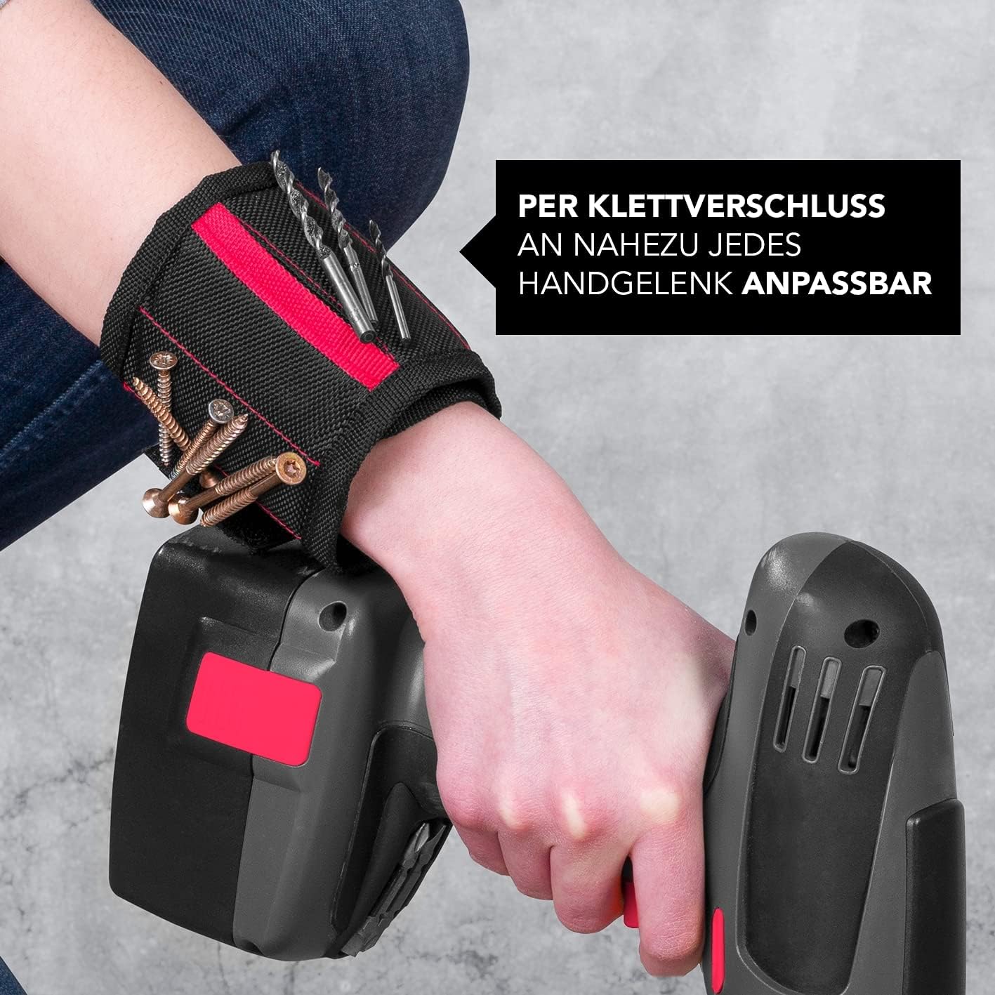 MAXXMEE Magnetarmband | 15 Starke Magnete zur Aufbewahrung von Handwerker-Utensilien | Per Klettverschluss an nahezu jedes Handgelenk anpassbar | ca. 40 x 9,2 x 0,2 cm [rot schwarz] — Ansicht 4