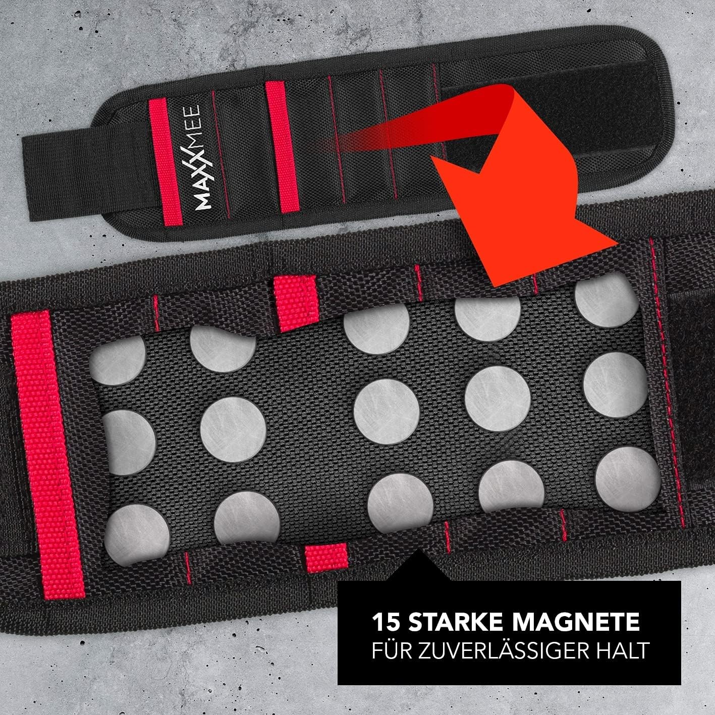 MAXXMEE Magnetarmband | 15 Starke Magnete zur Aufbewahrung von Handwerker-Utensilien | Per Klettverschluss an nahezu jedes Handgelenk anpassbar | ca. 40 x 9,2 x 0,2 cm [rot schwarz] — Ansicht 5