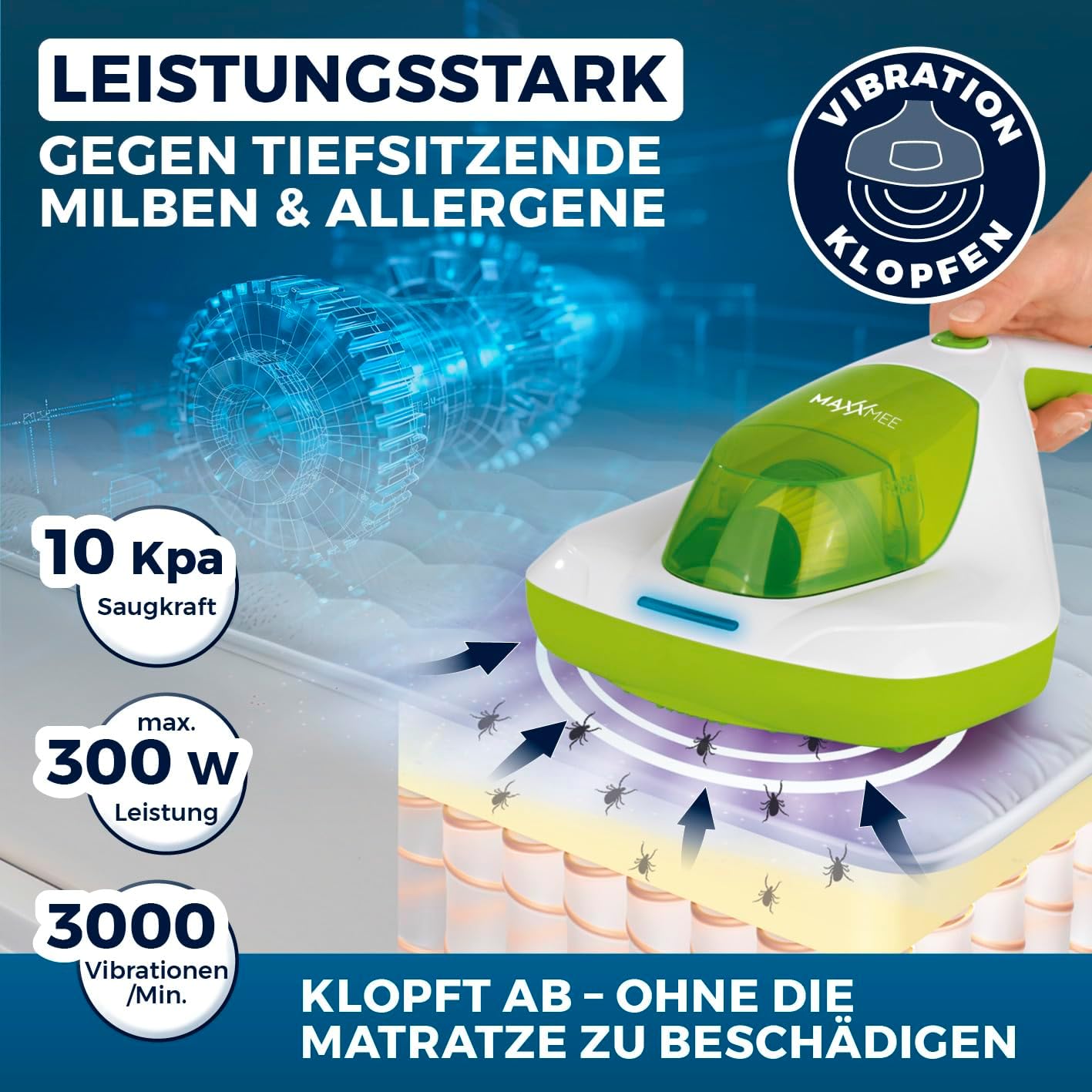 MAXXMEE Milbensauger | UV-C-Licht & EPA-11-Filter | Matratzen Handstaubsauger, Anti Milben Matratzenreiniger für Allergiker | vernichtet 99,9% Aller Milben, Bakterien & Bettwanzen — Ansicht 3
