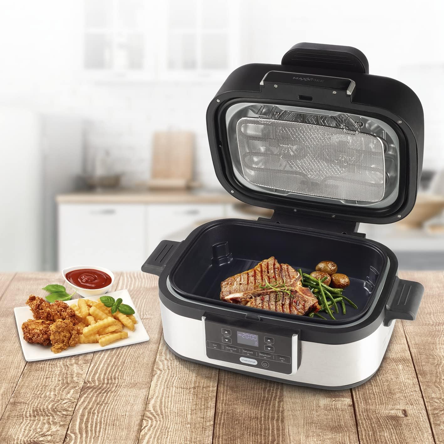 MAXXMEE Multi-Grill mit Heißluft-Funktion 1500w | Ober-/Unterhitze Tischgrill Antihaftbeschichtung | XL Garraum 4,5L zum Perfekten BBQ Look | 5 Programme & LED Display [Schwarz Silber/Kunstoff Stahl] — Ansicht 3