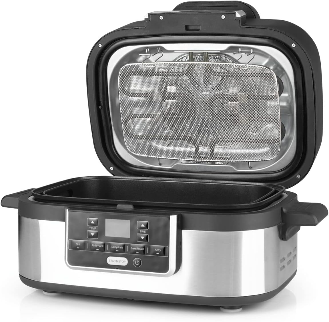 MAXXMEE Multi-Grill mit Heißluft-Funktion 1500w | Ober-/Unterhitze Tischgrill Antihaftbeschichtung | XL Garraum 4,5L zum Perfekten BBQ Look | 5 Programme & LED Display [Schwarz Silber/Kunstoff Stahl]