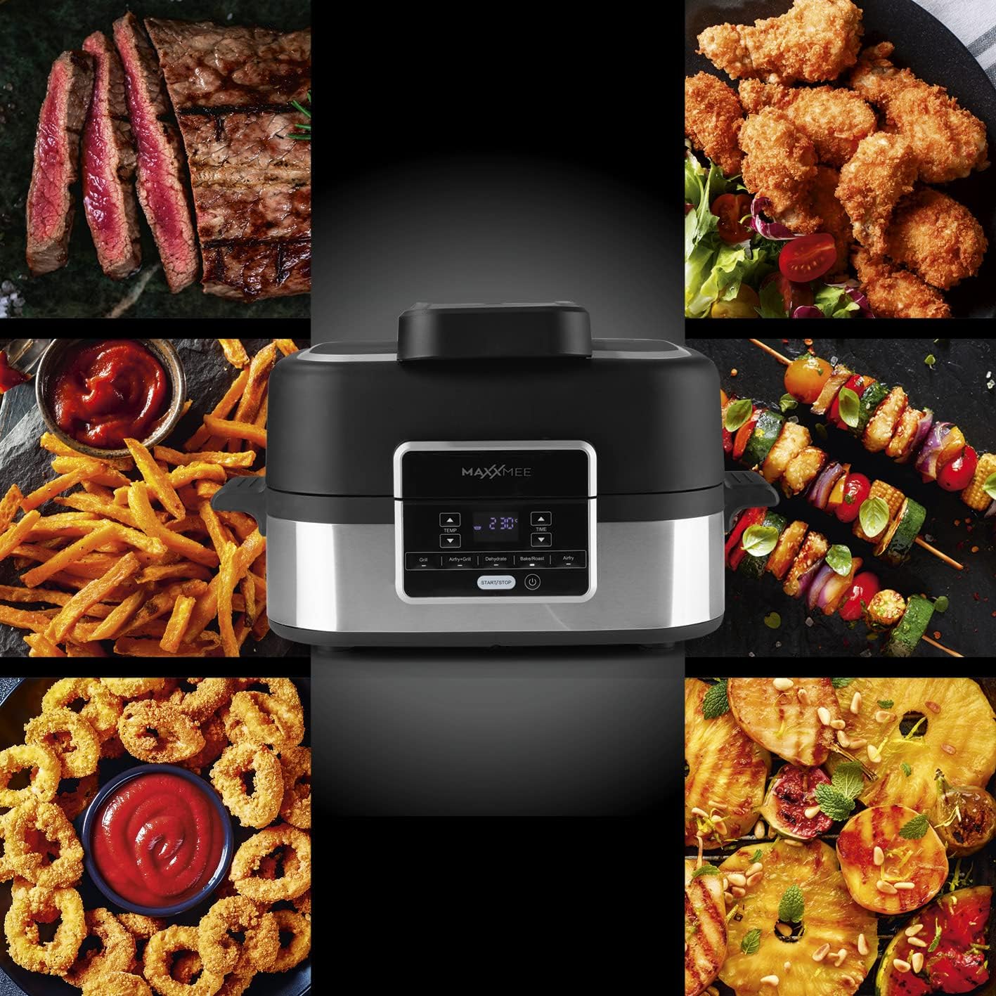 MAXXMEE Multi-Grill mit Heißluft-Funktion 1500w | Ober-/Unterhitze Tischgrill Antihaftbeschichtung | XL Garraum 4,5L zum Perfekten BBQ Look | 5 Programme & LED Display [Schwarz Silber/Kunstoff Stahl] — Ansicht 4