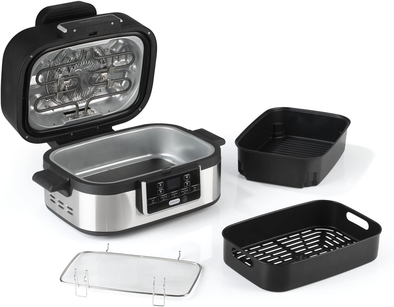 MAXXMEE Multi-Grill mit Heißluft-Funktion 1500w | Ober-/Unterhitze Tischgrill Antihaftbeschichtung | XL Garraum 4,5L zum Perfekten BBQ Look | 5 Programme & LED Display [Schwarz Silber/Kunstoff Stahl] — Ansicht 6
