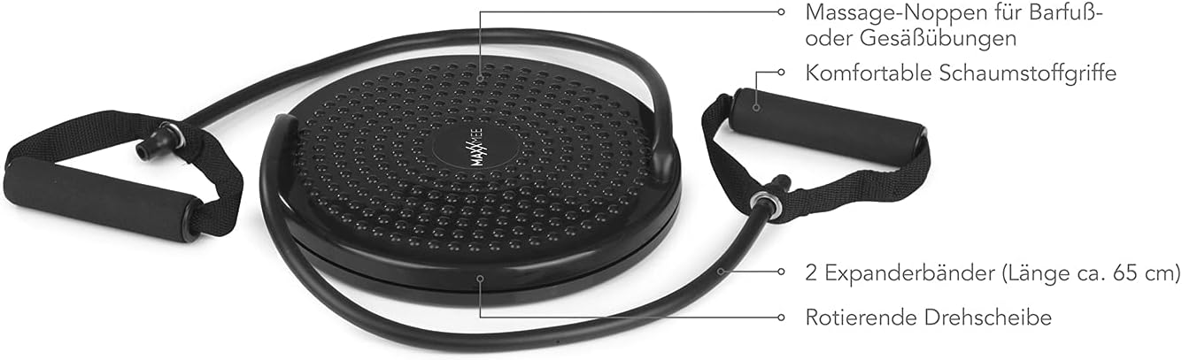 MAXXMEE Multitrainer Rotation Disk | Ideal für Muskelaufbau, Cardiotraining und die Balance | Massage-Noppen sorgen für angenehmes Gefühl beim Training | Mit Expanderbändern - 25 cm [schwarz] — Ansicht 4