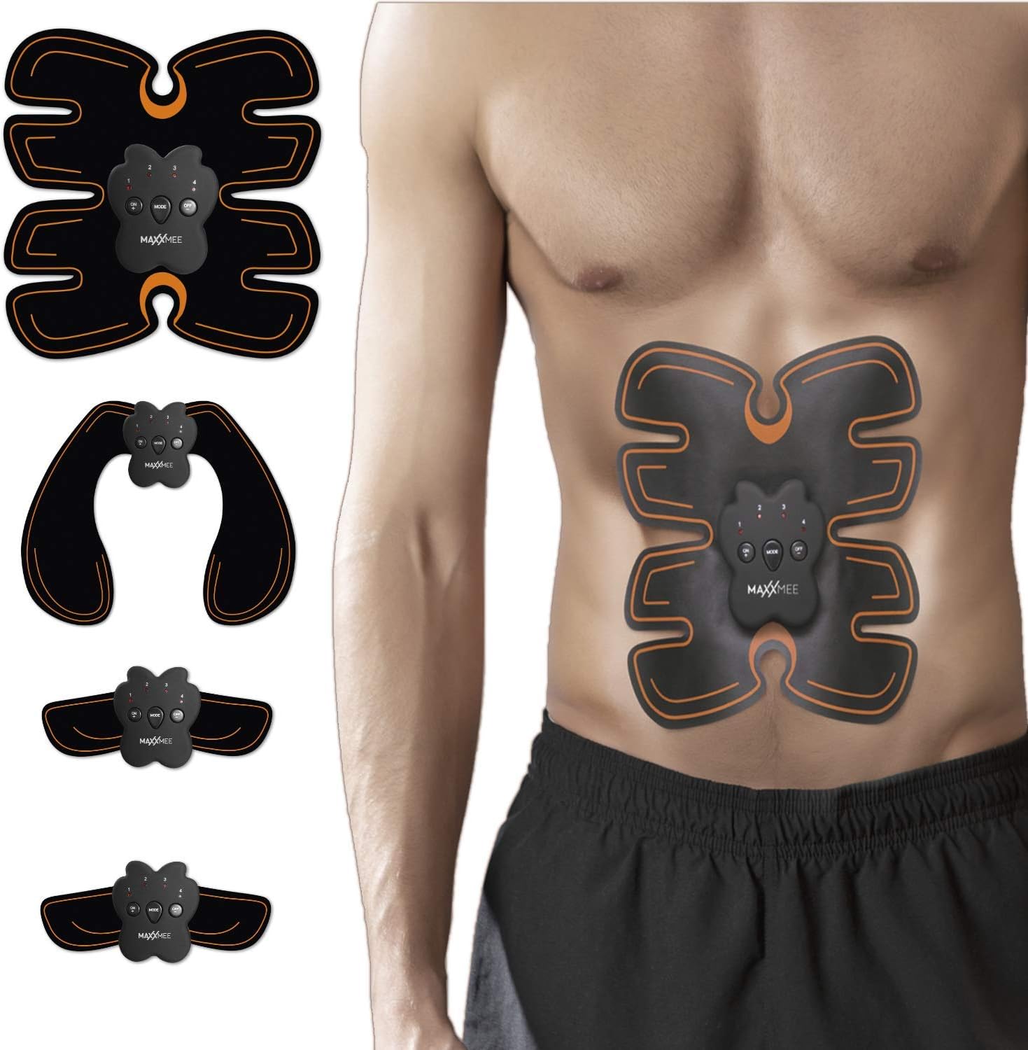 MAXXMEE Muskelstimulation für Bauch Beine Po | EMS Trainingsgerät mit 6 Modi, Elektrostimulation für den ganzen Körper | Mit selbsthaftenden Gel-Films