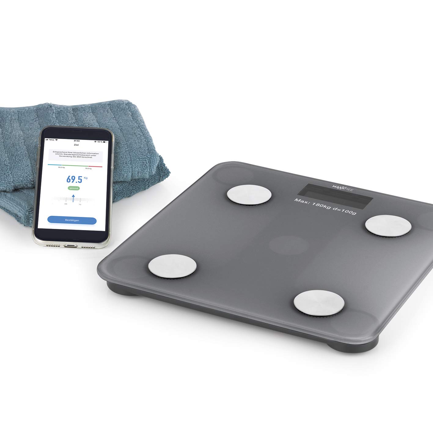 MAXXMEE Personen-Körperanalyse-Waage mit begleitender Gesundheits-App zur Nachverfolgung | Berechnung des täglichen Kalorienbedarfs, Bluetooth®-Funktion zur Verbindung mit kostenloser Gesundheits-App — Ansicht 2