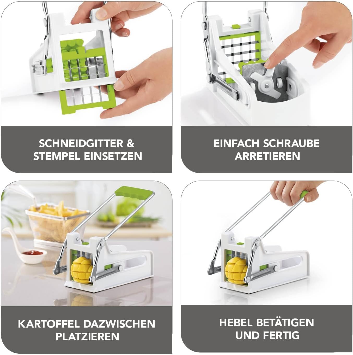 MAXXMEE Pommesschneider | Stabiler Pommes-Frites-Schneider aus rostfreiem Edelstahl | Gemüseschneider mit rutschfestem Hebel | Schneidegitter sind spülmaschinengeeignet — Ansicht 3