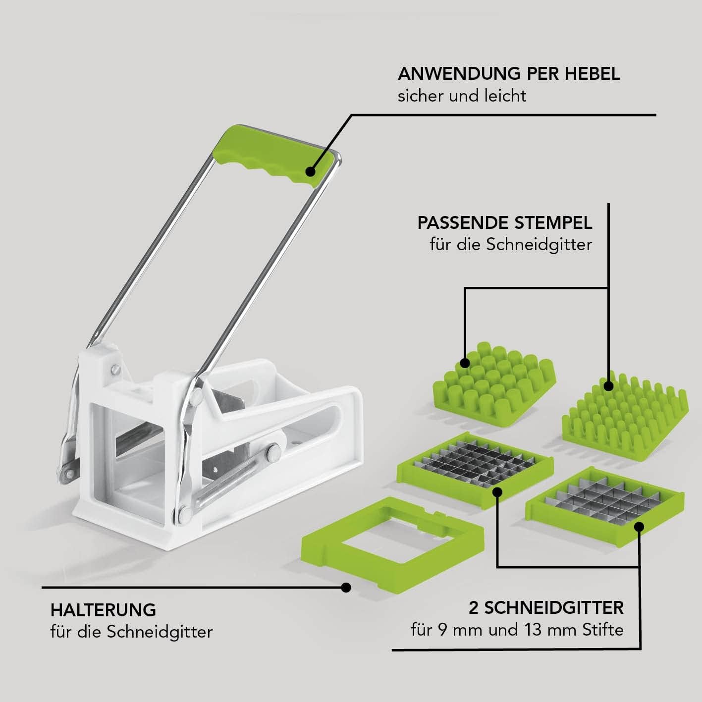 MAXXMEE Pommesschneider | Stabiler Pommes-Frites-Schneider aus rostfreiem Edelstahl | Gemüseschneider mit rutschfestem Hebel | Schneidegitter sind spülmaschinengeeignet — Ansicht 4