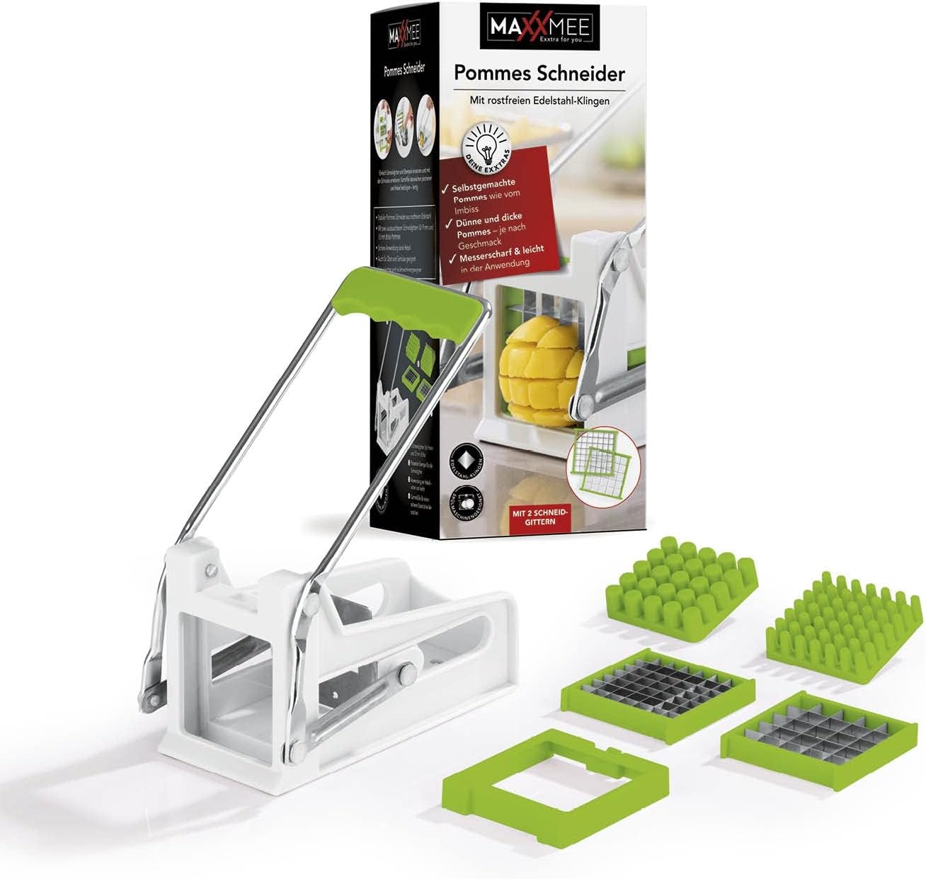 MAXXMEE Pommesschneider | Stabiler Pommes-Frites-Schneider aus rostfreiem Edelstahl | Gemüseschneider mit rutschfestem Hebel | Schneidegitter sind spülmaschinengeeignet — Ansicht 6