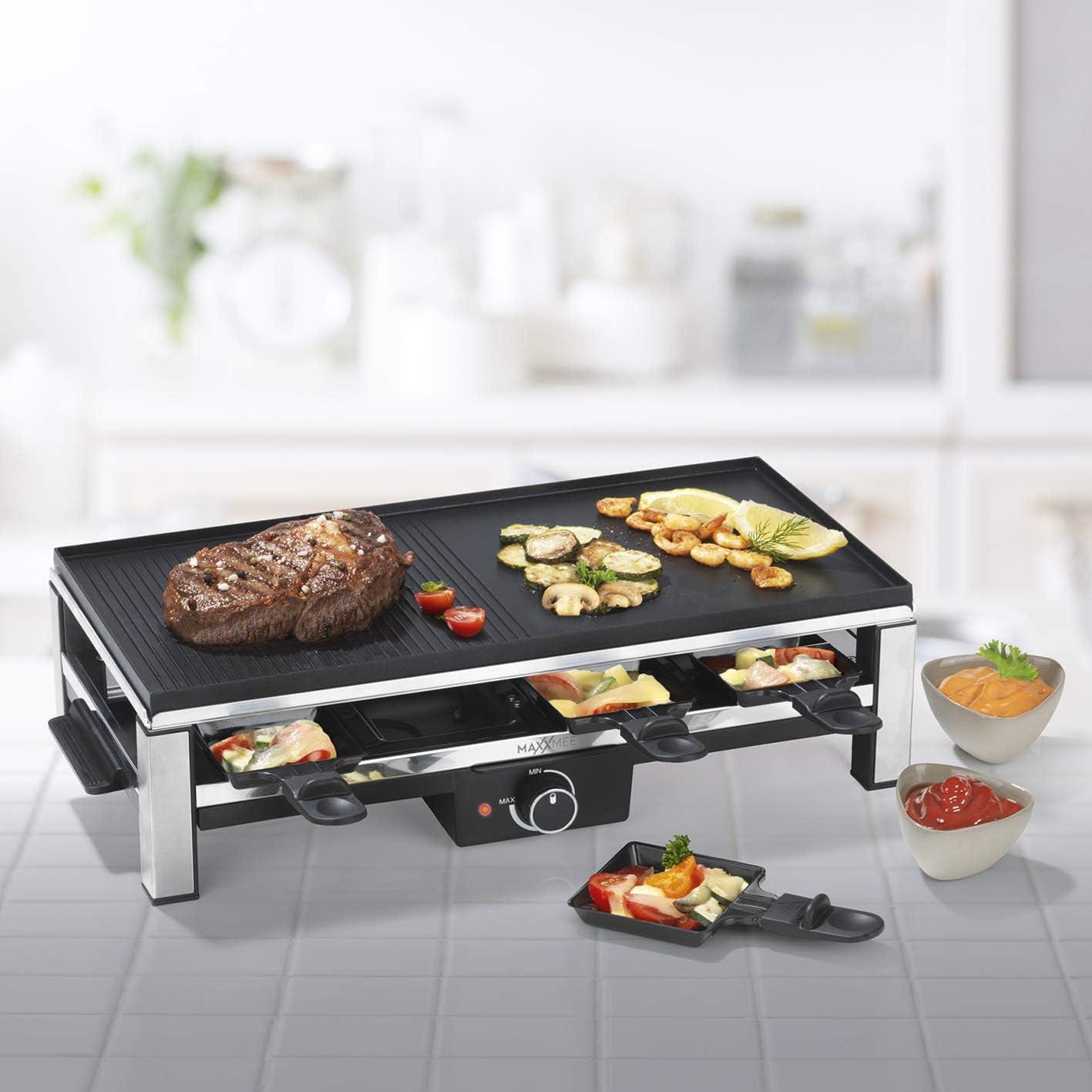 MAXXMEE Raclette Grill für 8 Personen - 2000W | Clevere Kombination: Raclette & Grill in einem | Aluguss-Grillplatte abnehmbar | Pfännchen und Aluguss-Grillplatte mit Antihaftbeschichtung [schwarz] — Ansicht 2