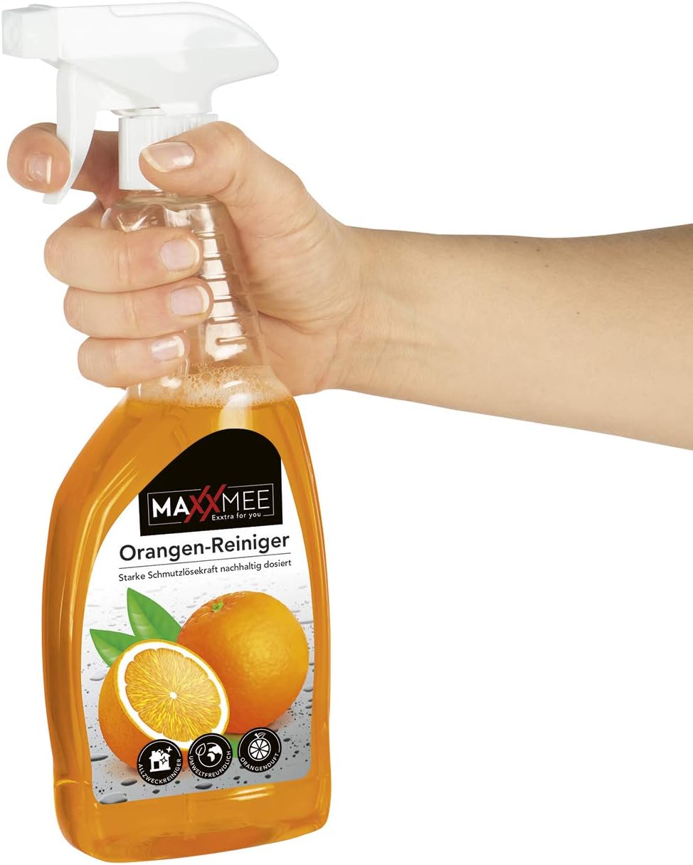 MAXXMEE Reinigungsmittel Orangenreiniger | Stark gegen Fett, löst selbst hartnäckigen Schmutz | Holz, Textilien, Keramik, Glaskeramikherd | Set aus Sprühflasche & 3 Sachets [3 x 500 ml]