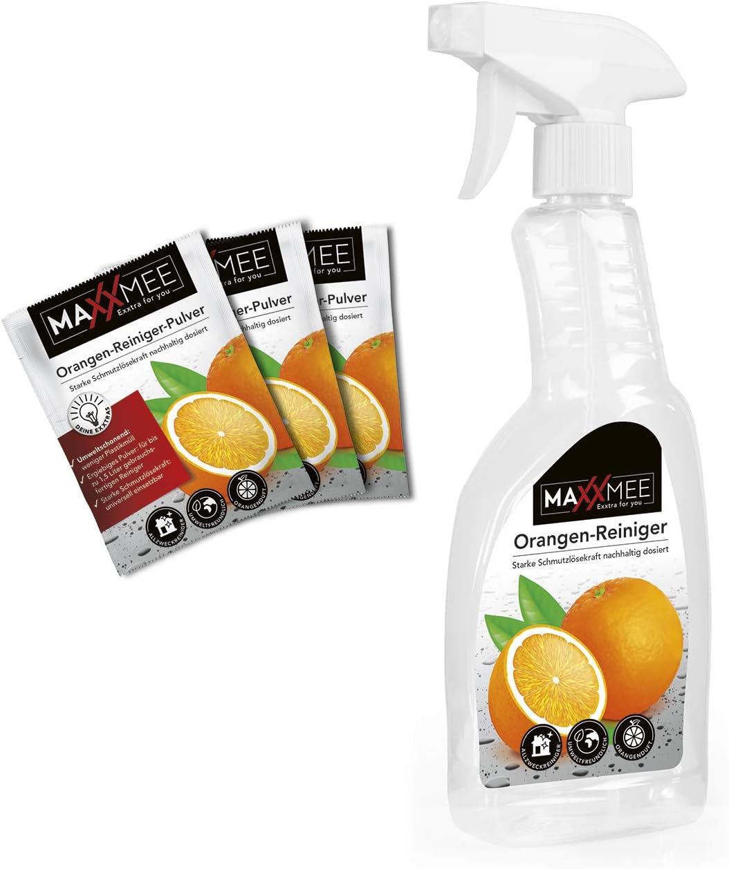 MAXXMEE Reinigungsmittel Orangenreiniger | Stark gegen Fett, löst selbst hartnäckigen Schmutz | Holz, Textilien, Keramik, Glaskeramikherd | Set aus Sprühflasche & 3 Sachets [3 x 500 ml] — Ansicht 2