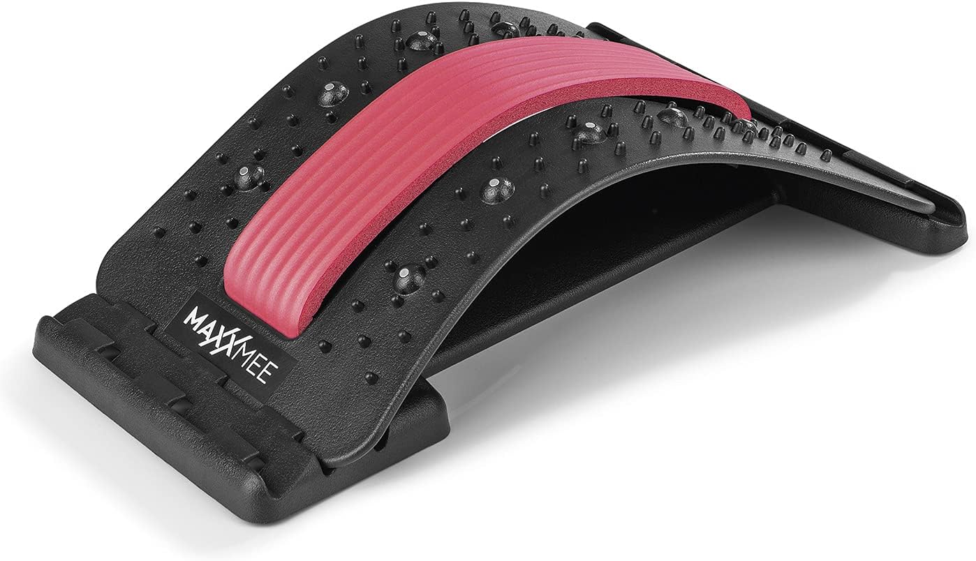MAXXMEE Rückenbrücke mit Akupressur- und Magnetpunkten | Rückenstrecker Lendendehner | Rückenmassagegerät bei Muskelverspannungen | Fitness Back Strecker | inkl. Wirbelsäulen-Schutz [schwarz/rot]