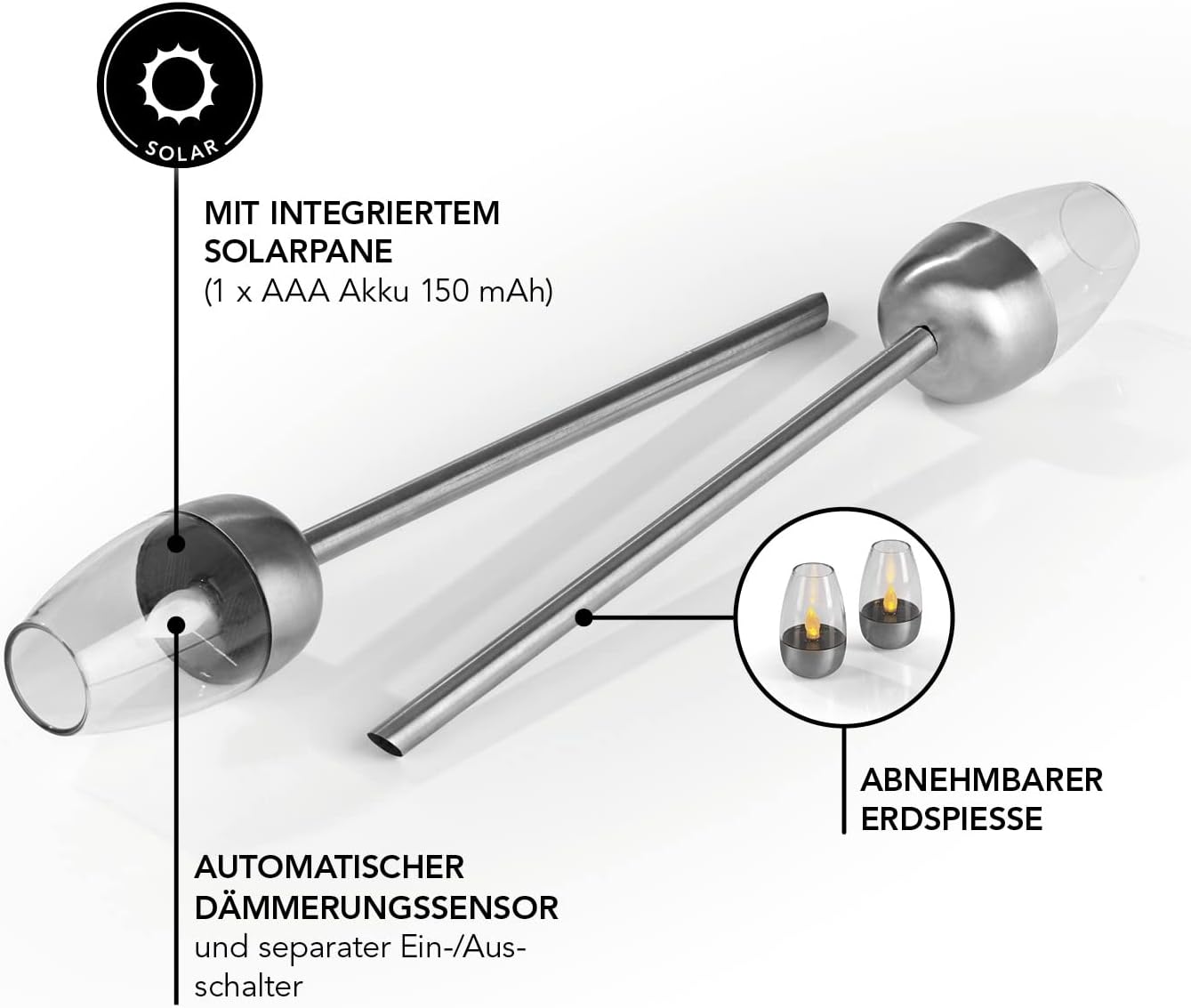 MAXXMEE Solar-Fackel 2er-Set | Mit faszinierendem Flammeneffekt und Solarpanel | Ideal für den Außenbereich mit automatischem Dämmerungssensor [IP44] — Ansicht 5