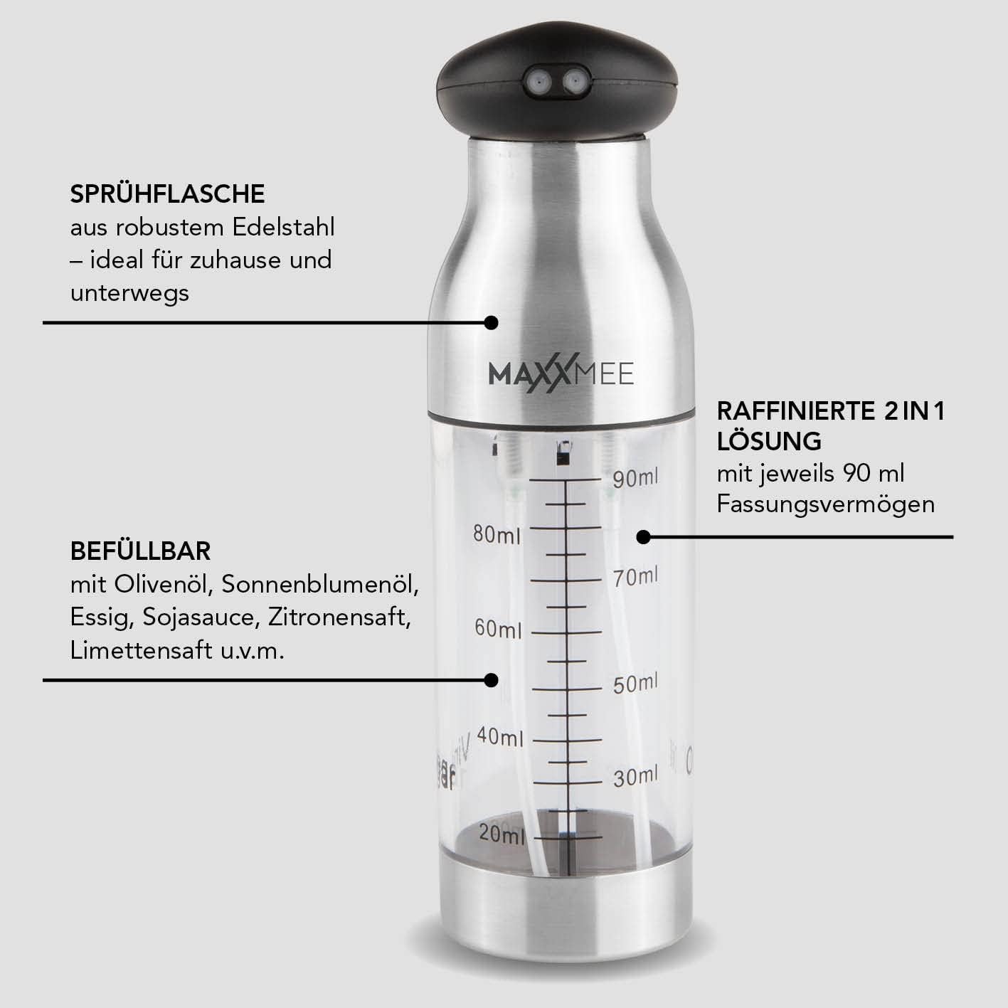 MAXXMEE Sprühflasche Essig und Öl 2in1, Edelstahl, 200 ml — Ansicht 4