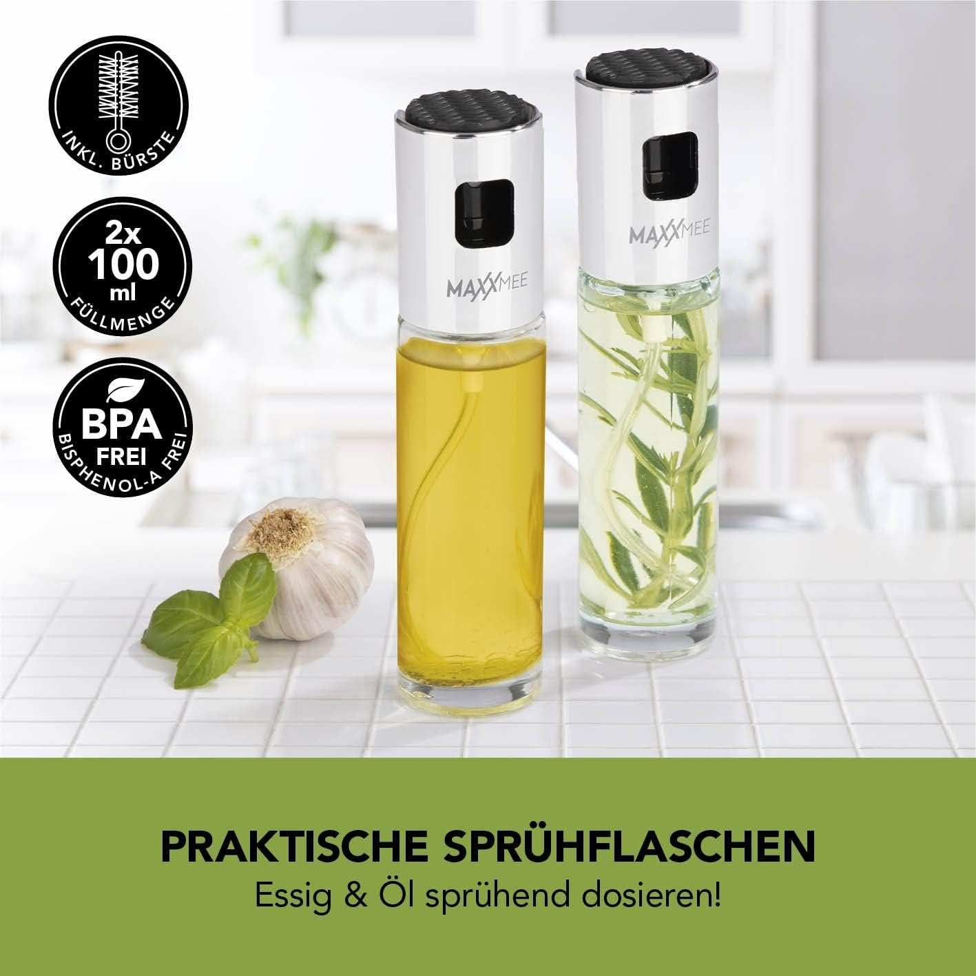 MAXXMEE Sprühflasche Ölzerstäuber 2er-Set | Sprühflaschen für Essig, Öl, Zitronensaft | Sparsam dosieren zur gesünderen Ernährung mit weniger Öl & Fett | 2 Sprühflschen für die sparsame Dosierung — Ansicht 2