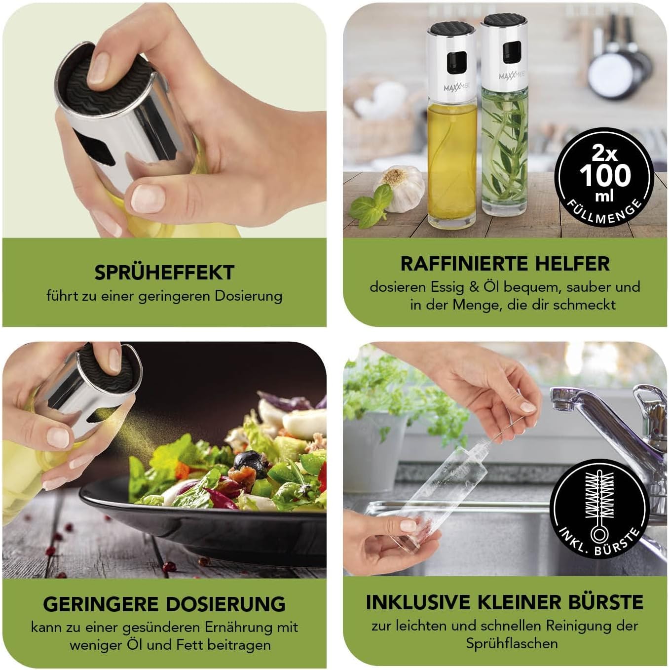 MAXXMEE Sprühflasche Ölzerstäuber 2er-Set | Sprühflaschen für Essig, Öl, Zitronensaft | Sparsam dosieren zur gesünderen Ernährung mit weniger Öl & Fett | 2 Sprühflschen für die sparsame Dosierung — Ansicht 3