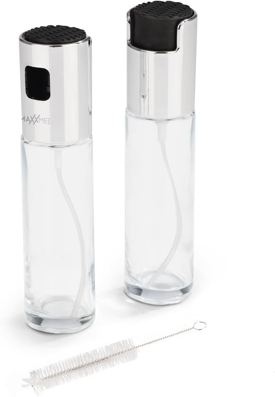 MAXXMEE Sprühflasche Ölzerstäuber 2er-Set | Sprühflaschen für Essig, Öl, Zitronensaft | Sparsam dosieren zur gesünderen Ernährung mit weniger Öl & Fett | 2 Sprühflschen für die sparsame Dosierung