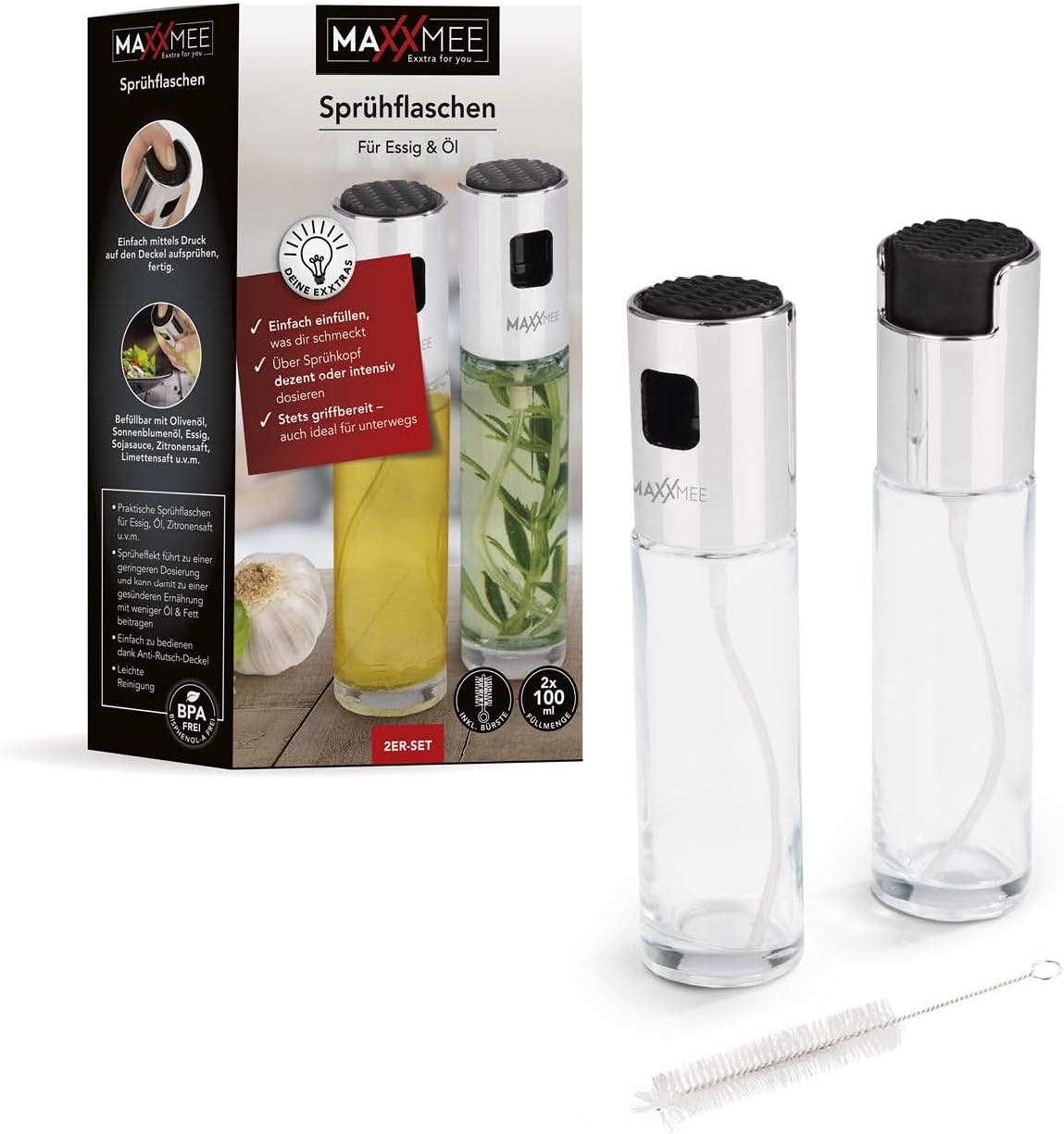 MAXXMEE Sprühflasche Ölzerstäuber 2er-Set | Sprühflaschen für Essig, Öl, Zitronensaft | Sparsam dosieren zur gesünderen Ernährung mit weniger Öl & Fett | 2 Sprühflschen für die sparsame Dosierung — Ansicht 6