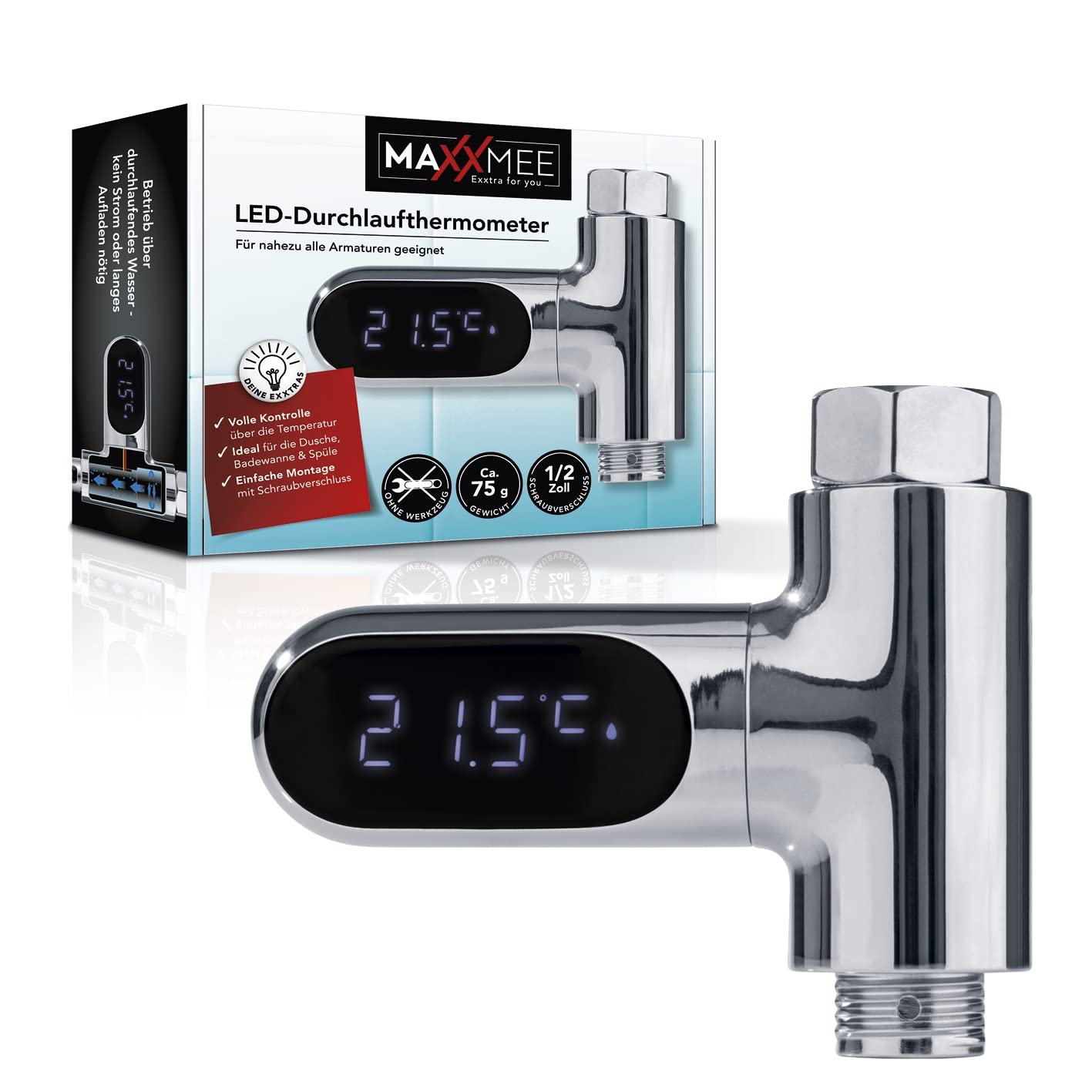 MAXXMEE Thermometer für Wasserarmaturen | Einfach gradgenau die Temperatur überprüfen! | Ideal für die Dusche, die Badewanne oder die Spüle | Die Anzeige ist um 360 ° drehbar [silber] — Ansicht 6