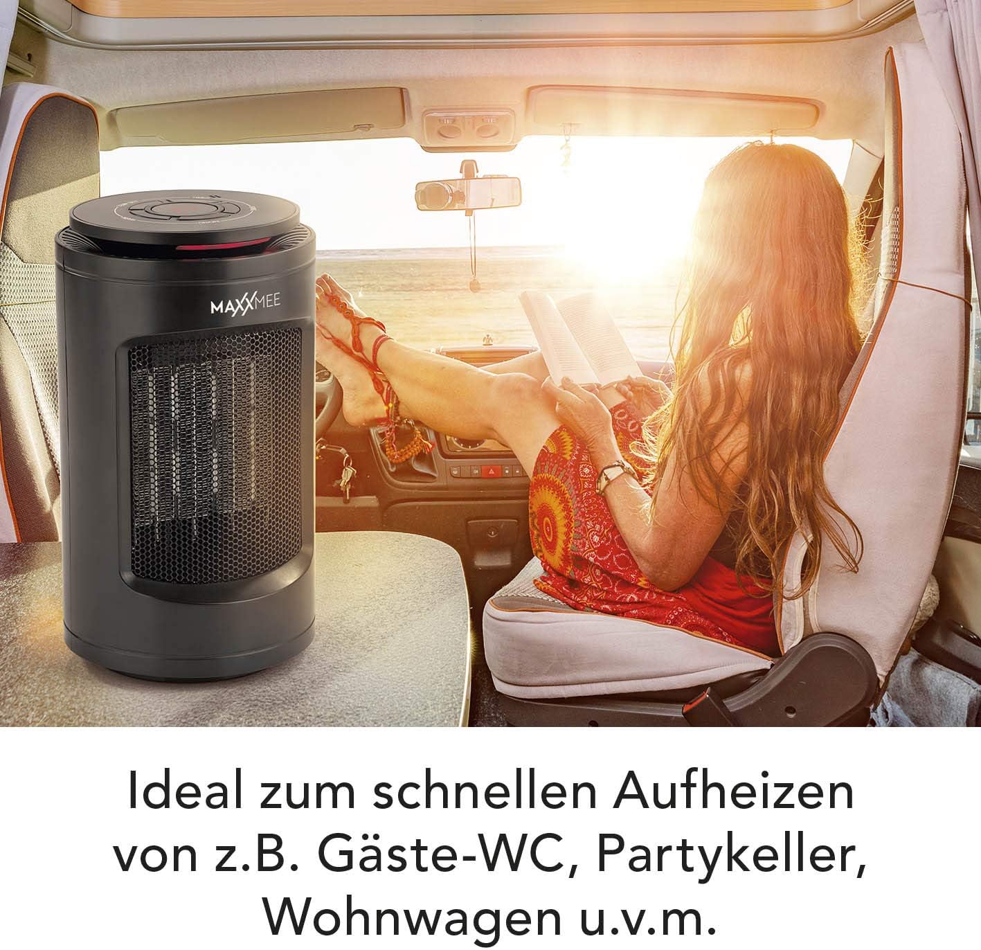 MAXXMEE Tisch-Heizung | 3 Leistungsstufen mit effizienter Keramik-Heiztechnologie | 75 °-Weitwinkel-Auslass, Timerfunktion, Überhitzungsschutz | 1200W [schwarz] — Ansicht 4