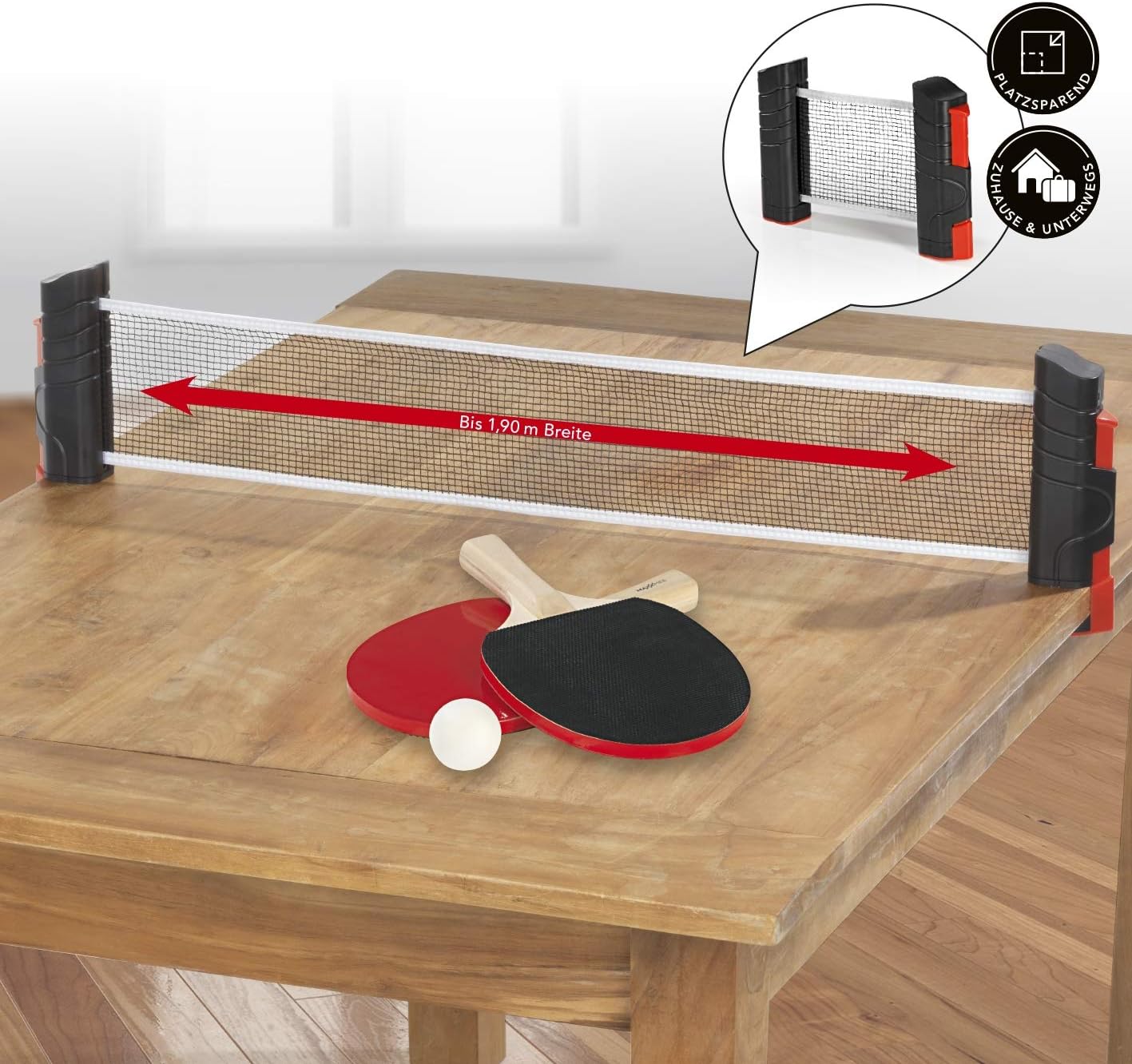 MAXXMEE Tischtennis-Set | Netz mit Klemmen, 2 Tischtennisschläger und 2 Tischtennisbälle | maximale Plattenbreite 1,95m | Indoor & Outdoor einsetzbar, Rot — Ansicht 2