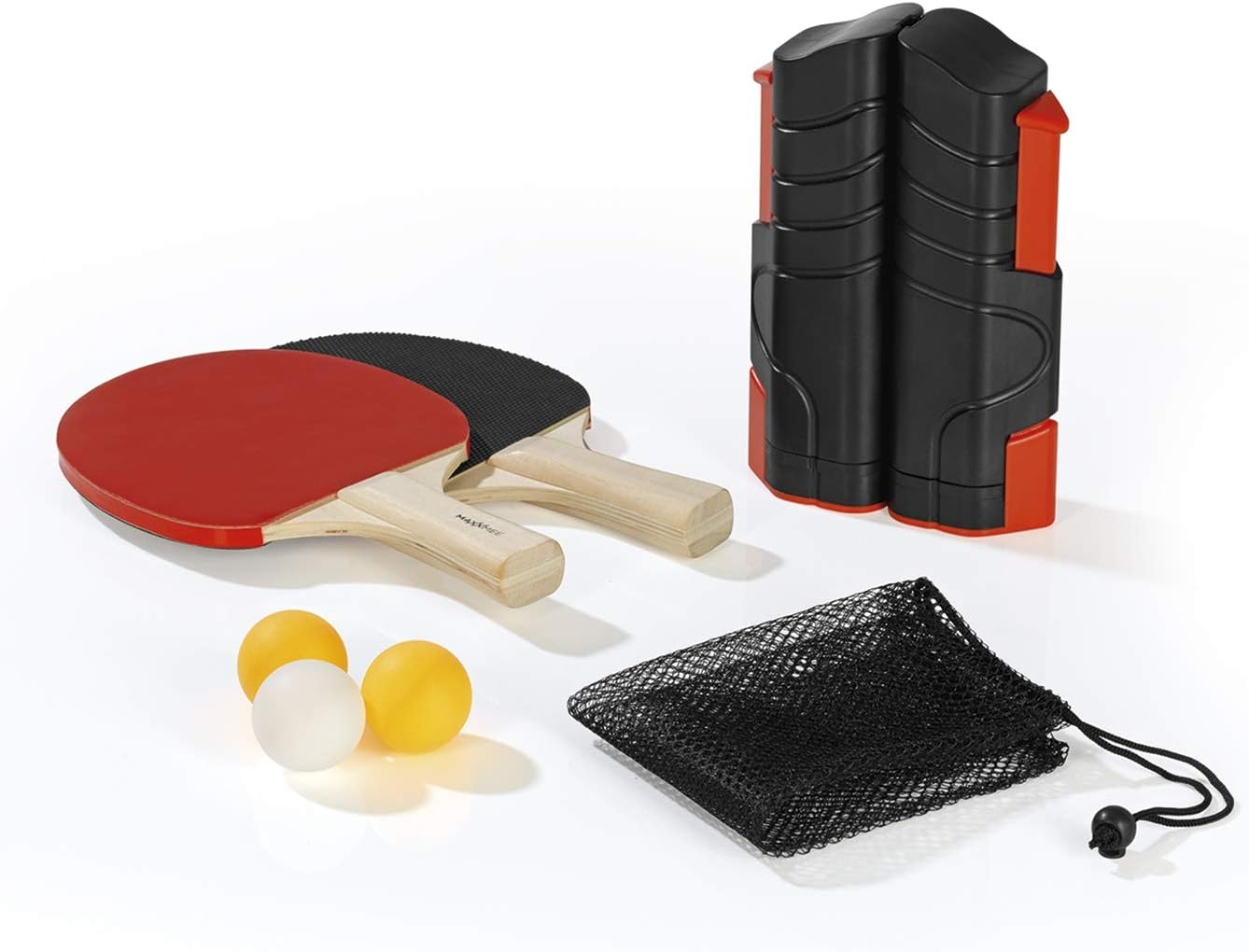 MAXXMEE Tischtennis-Set | Netz mit Klemmen, 2 Tischtennisschläger und 2 Tischtennisbälle | maximale Plattenbreite 1,95m | Indoor & Outdoor einsetzbar, Rot