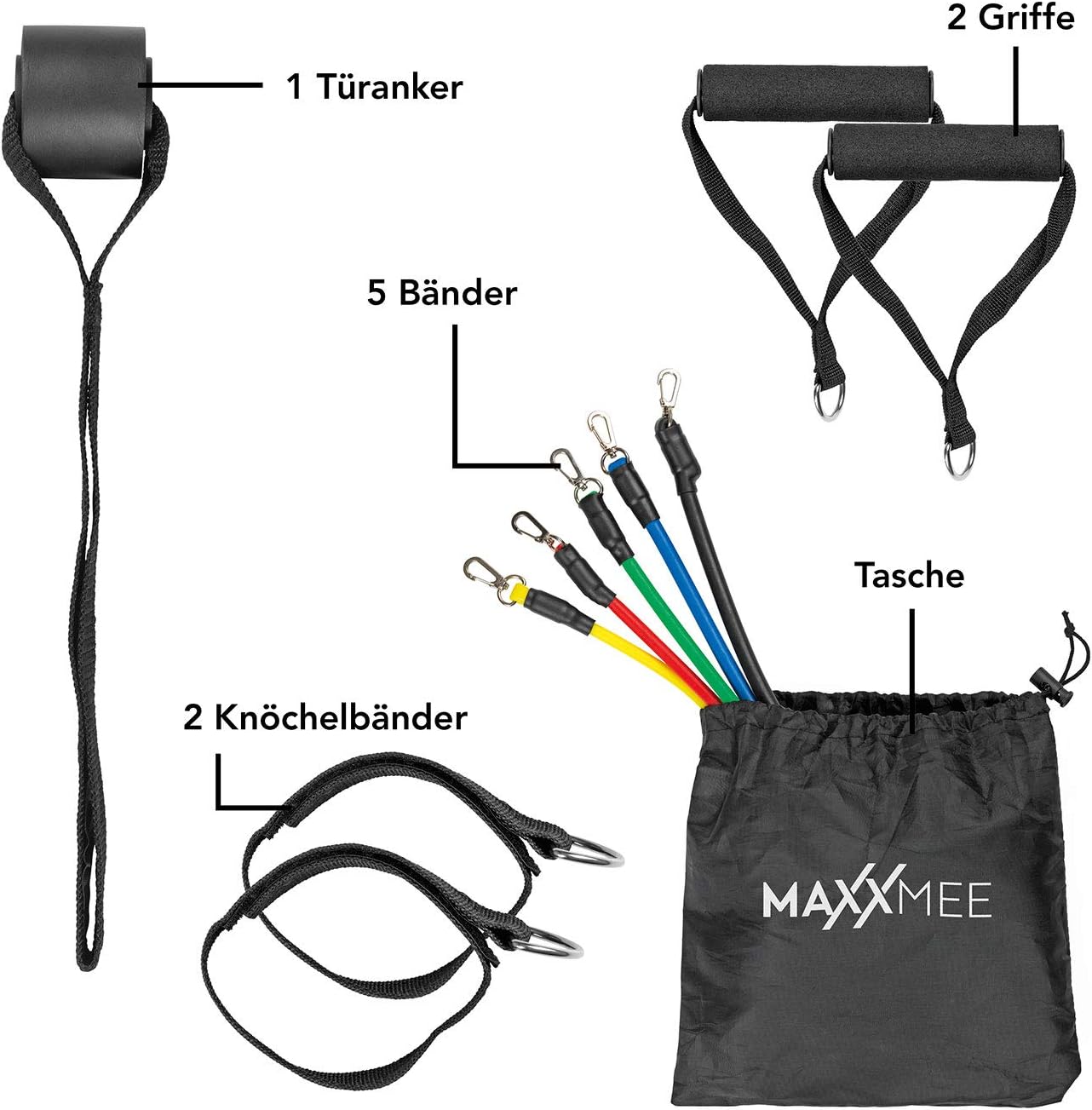 MAXXMEE Trainings-Set Fitness-Bänder - 11-TLG. Set | Ideal für das Training zuhause oder unterwegs | Zahlreiches Zubehör für Dein optimales Training | Individuelle Belastungslevel [Mehrfarbig] — Ansicht 2