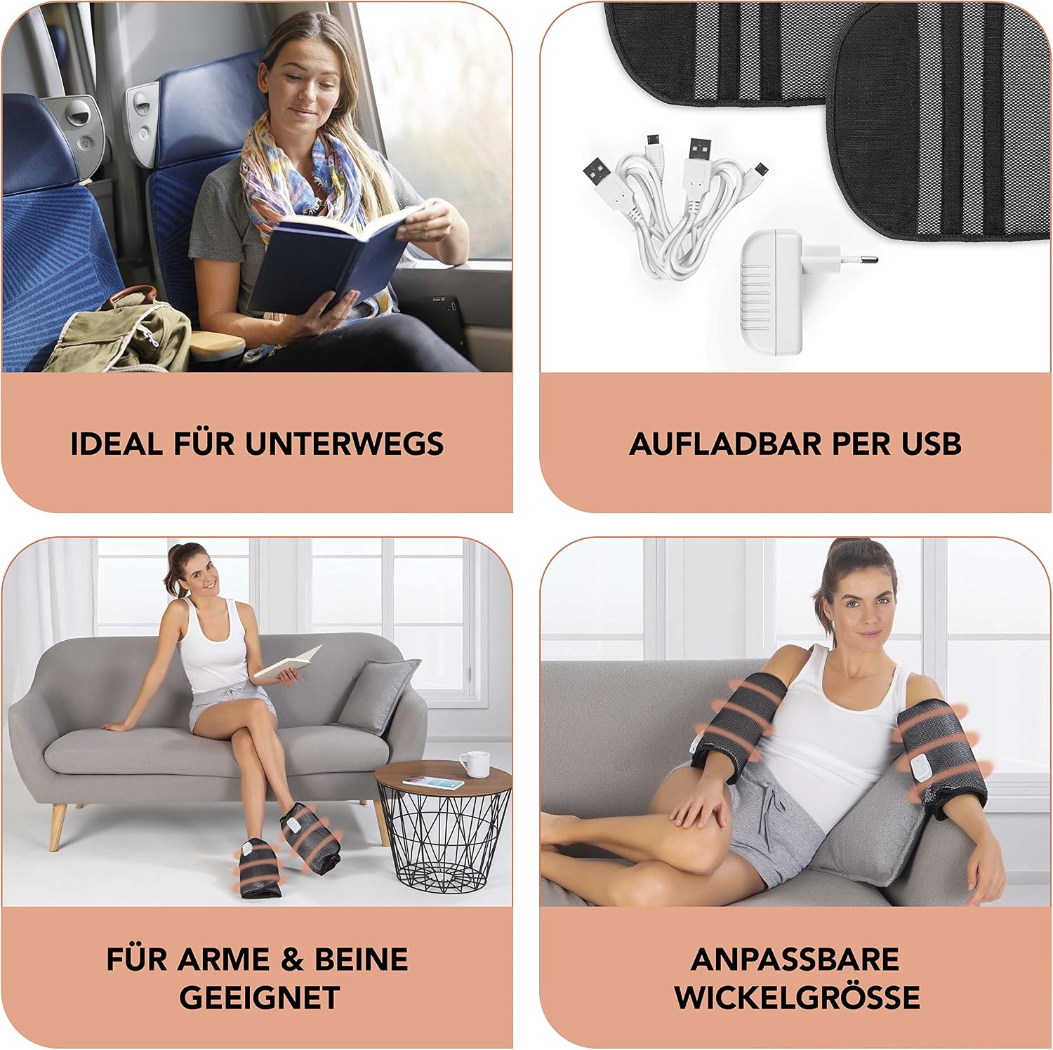 MAXXMEE Venen-Massagegerät | Mit Wärmefunktion & Luftkompression zur Massage von Armen & Beinen | Individuelle Anpassung durch 2 Intensitätsstufen | Stufenlos größenvertsellbarer Umfang [schwarz] — Ansicht 3