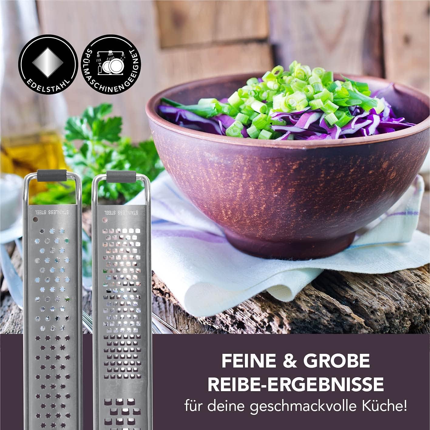 MAXXMEE Zester Reibe 2er-Set | Zwei Reiben mit verschiedenen Feinheitsgraden | Inkl. Schutzhülle und Fingerschutz für sichere Anwendung | Leicht zu reinigen und spülmaschinengeeignet [Edelstahl] — Ansicht 2