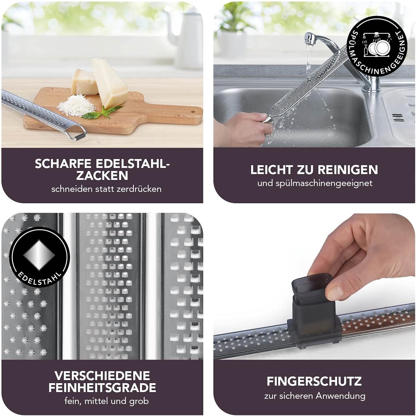 MAXXMEE Zester Reibe 2er-Set | Zwei Reiben mit verschiedenen Feinheitsgraden | Inkl. Schutzhülle und Fingerschutz für sichere Anwendung | Leicht zu reinigen und spülmaschinengeeignet [Edelstahl] — Ansicht 3