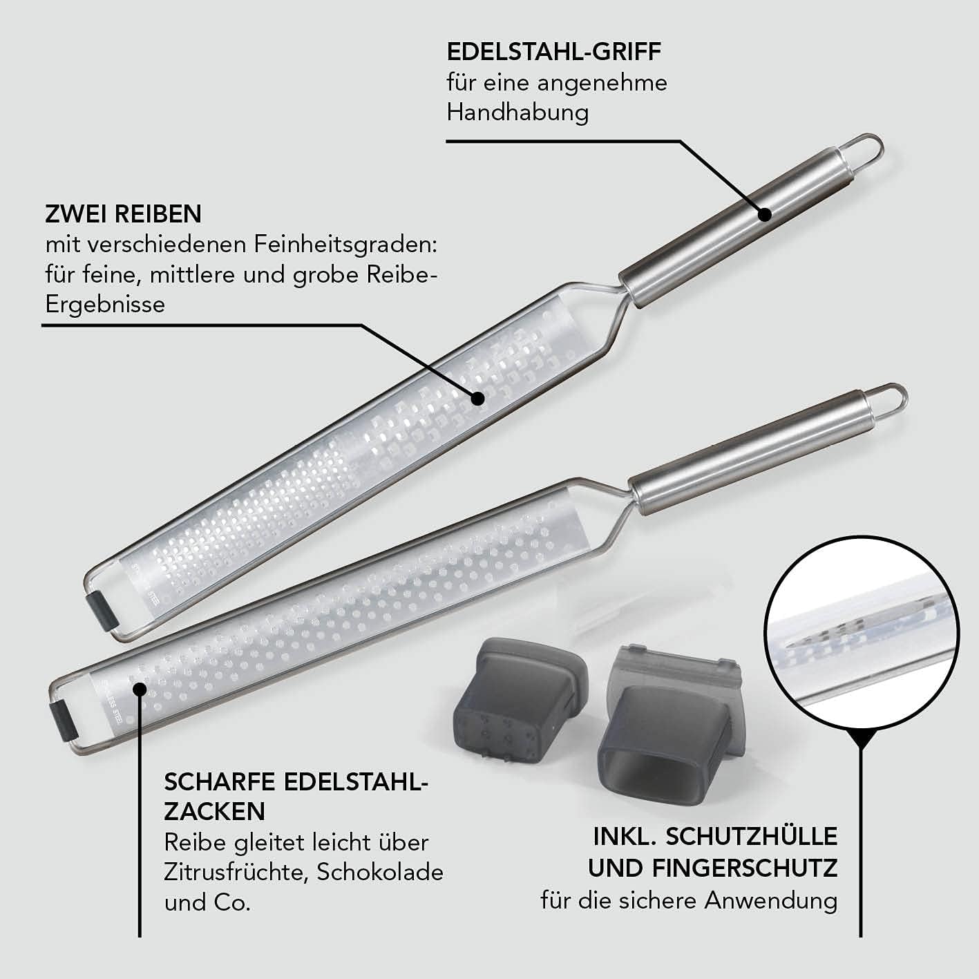 MAXXMEE Zester Reibe 2er-Set | Zwei Reiben mit verschiedenen Feinheitsgraden | Inkl. Schutzhülle und Fingerschutz für sichere Anwendung | Leicht zu reinigen und spülmaschinengeeignet [Edelstahl] — Ansicht 4