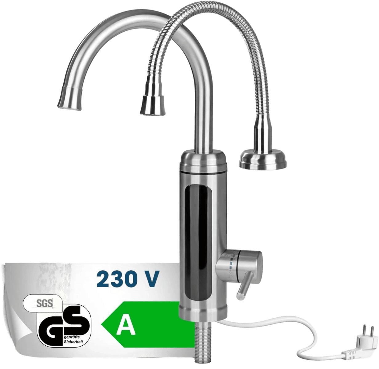 Elektrischer Wasserhahn aus Edelstahl mit zwei Ausläufen, einem Temperaturregelungshebel, einem Netzkabel und einem Etikett mit der Angabe von 230V und der Energieklasse A.