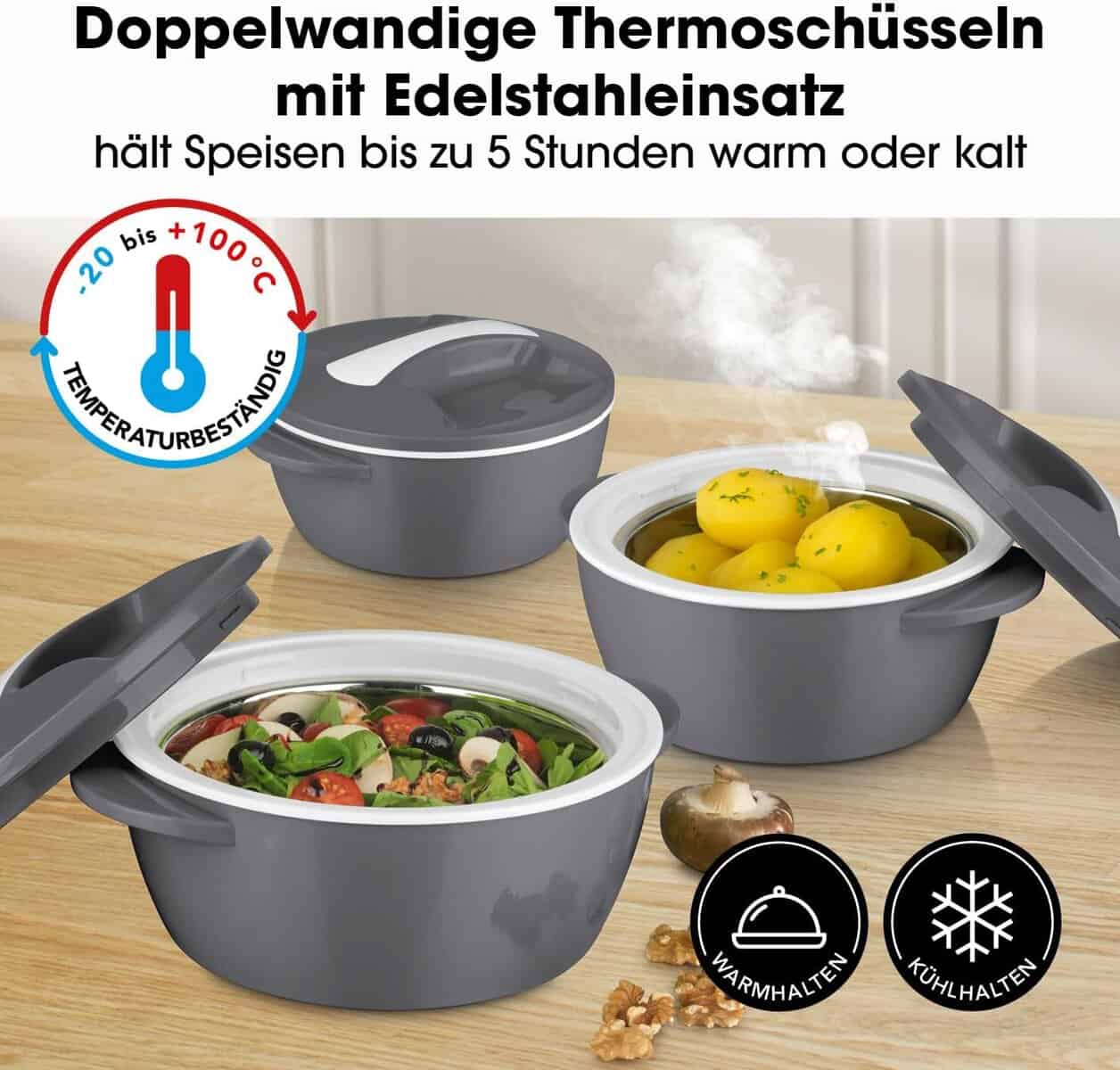 Drei graue, doppelwandige Thermoschalen mit Edelstahleinsatz, gefüllt mit Lebensmitteln, Deckel offen oder geschlossen; deutscher Text beschreibt die Temperaturerhaltungseigenschaften.